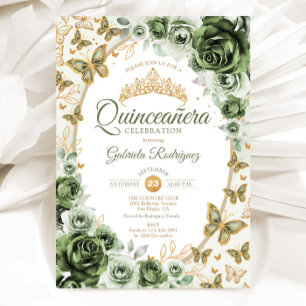 Convite Chic Salvia Verde Dourado Floral Quinceanera
