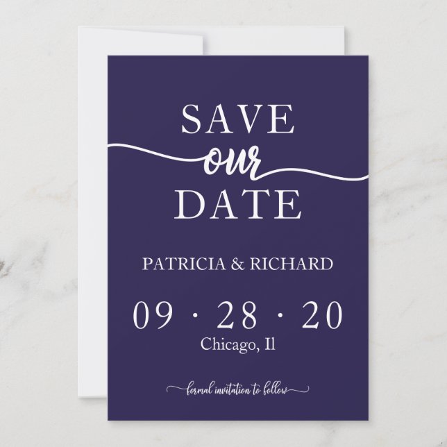Convite Chic Save The Date Casamento Caligrafia Azul Marin (Frente)