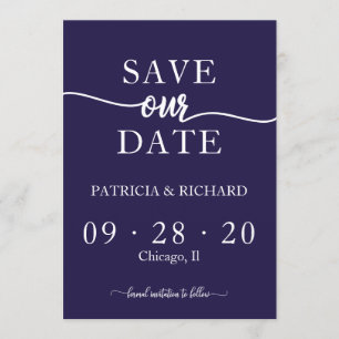 Convite Chic Save The Date Casamento Caligrafia Azul Marin