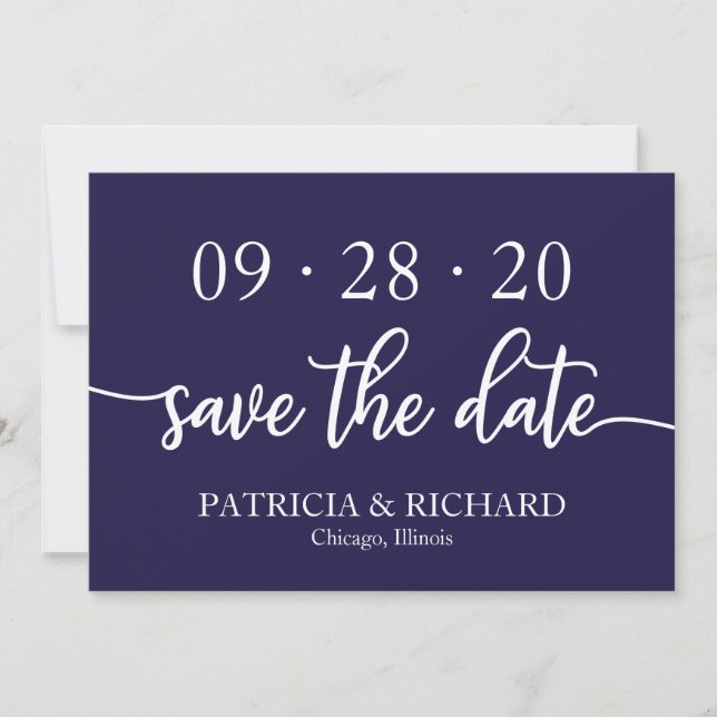 Convite Chic Script Azul Marinho Casamento Save The Date (Frente)