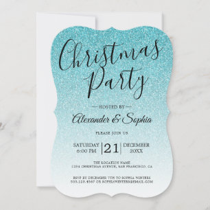 Convite Chic Script Blue Glitter Ombre Festa de Natal Inv