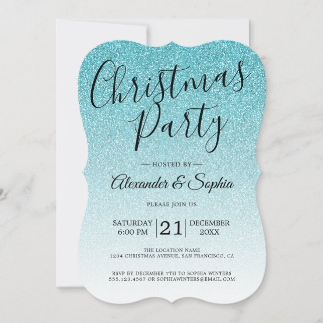 Convite Chic Script Blue Glitter Ombre Festa de Natal Inv (Frente)