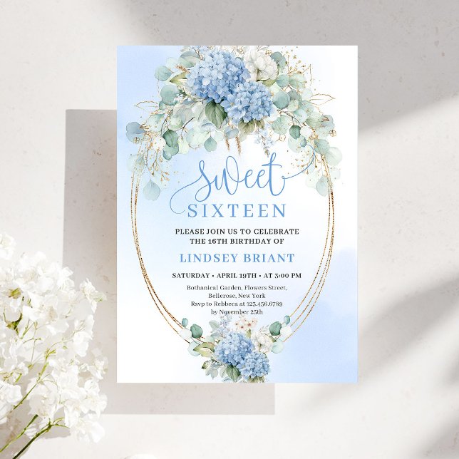 Convite Chic Script Blue Hydrangea Gold Sweet Sixteen (Chic Script Blue Hydrangea Gold Sweet Sixteen)