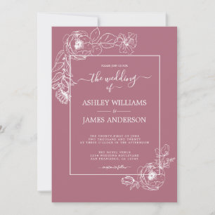 Convite Chic Script Floral Branco Contorno Cassis Casament