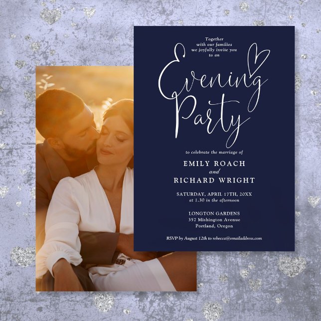 Convite Chic Script Foto Azul Marinho Casamento Festa Notu (Chic Script Photo Navy Blue Wedding Evening Party Invitation)