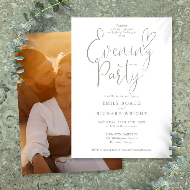 Convite Chic Script Foto Sage Verde Casamento Festa Noturn (Chic Script Photo Sage Green Wedding Evening Party Invitation)