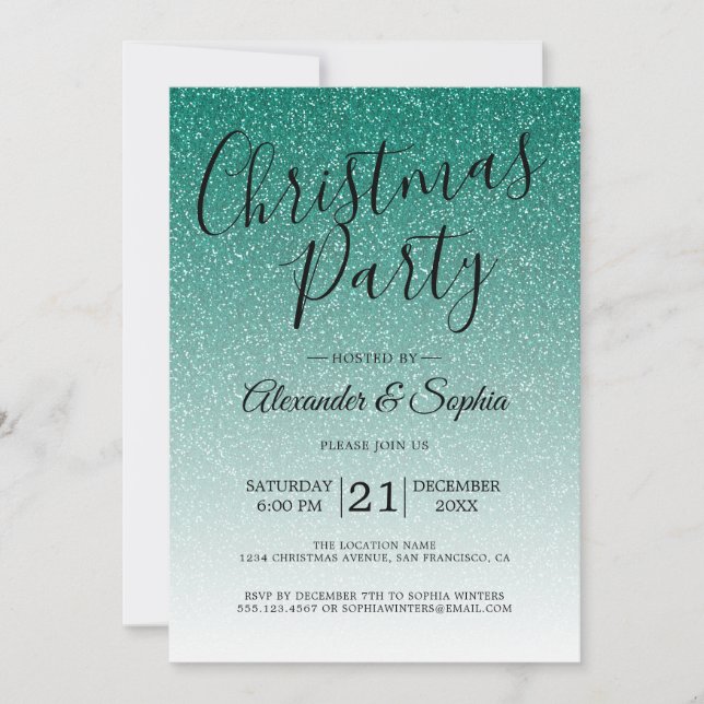 Convite Chic Script Green Glitter Festa de Natal do Ombre (Frente)