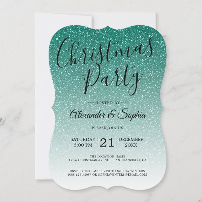 Convite Chic Script Green Glitter Festa De Natal Do Ombre (Frente)