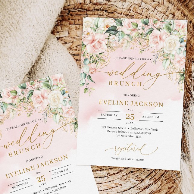 Convite Chic script pastel rosa rosas sage brunch (Chic watercolor blush flowers eucalyptus gold wedding brunch invitation template)