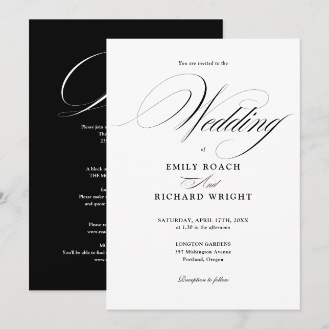 Convite Chic Script Tudo Em Um Casamento Preto E Branco (Frente/Verso)