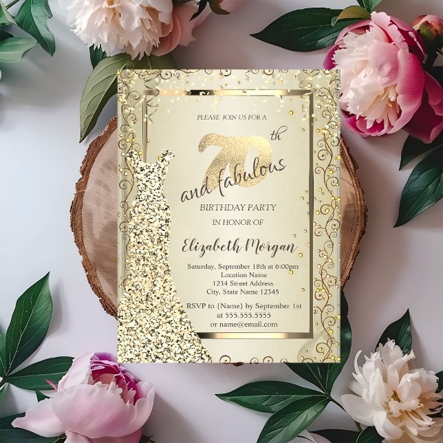 Convite Chic Sequins Vestir o Dourado 70 de aniversário (Criador carregado)