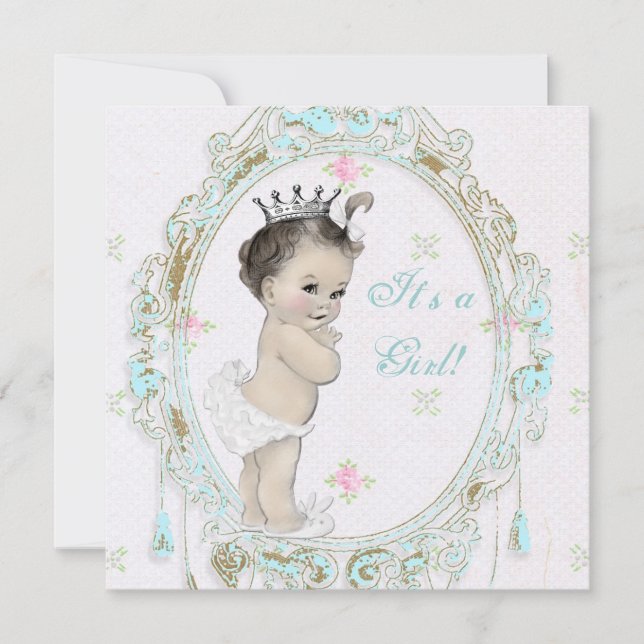 Convite Chic Shabby Azul Turquesa Princesa Baby Shower (Frente)
