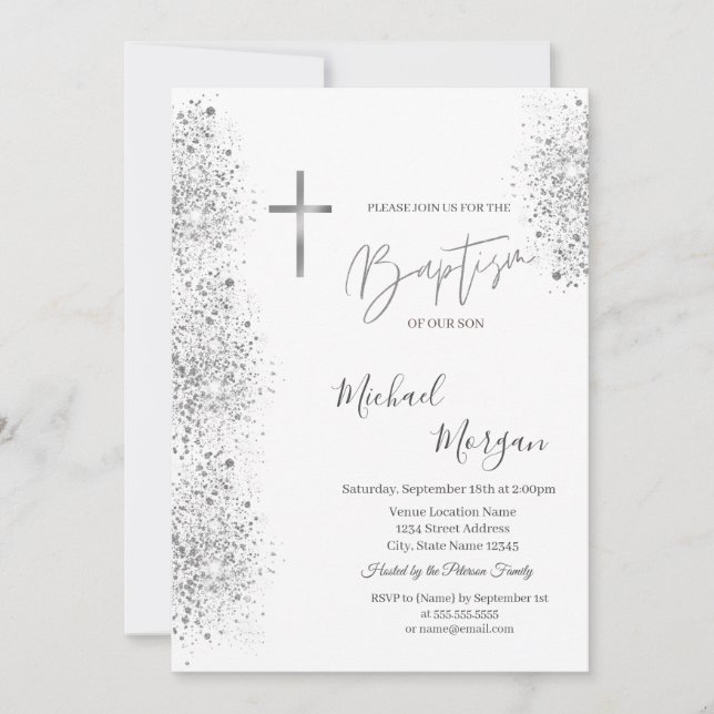 Convite Chic Silver Cross Baptism Silver Glitter Confetti (Frente)