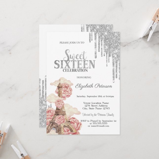 Convite Chic Silver Drips,Eiffel Tower Peonies Sweet 16 (Frente/Verso In Situ)