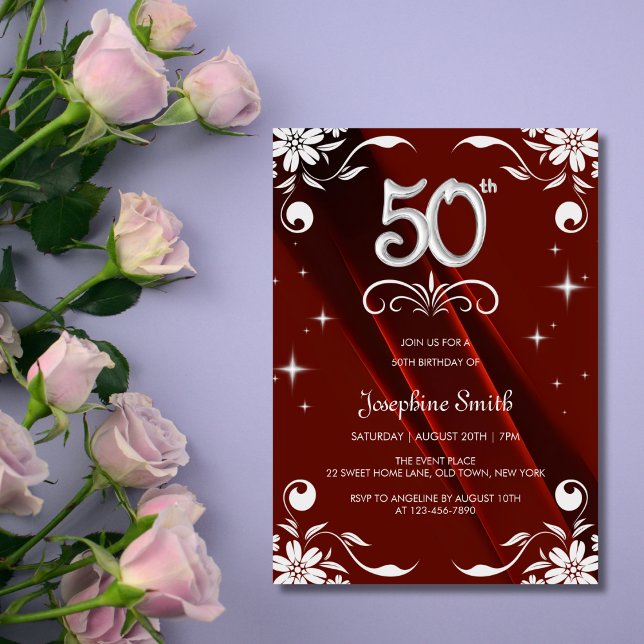 Convite Chic Silver Floral Frame Burgundy 50º Aniversário (Criador carregado)