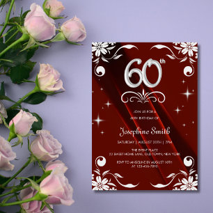 Convite Chic Silver Floral Frame Burgundy 60º Aniversário