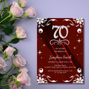Convite Chic Silver Floral Frame Burgundy 70 Birthday
