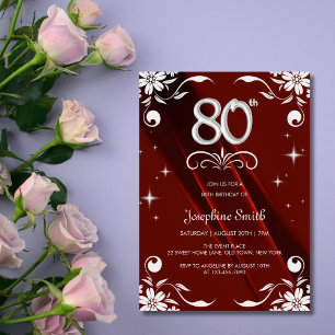 Convite Chic Silver Floral Frame Burgundy 80 Birthday