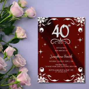 Convite Chic Silver Floral Frame Burgundy aniversário de 4