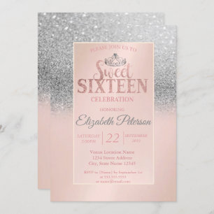 Convite Chic Silver Glitter Bokeh, Tiara Sweet 16 Party