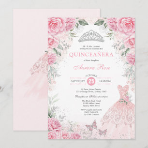 Convite Chic Silver Rosa, Quinceañera Princesa Vestida