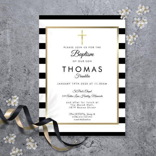 Convite Chic Simple Dourada Cruz Baptism Christening (Chic Simple Gold Cross Baptism Christening Invitation)