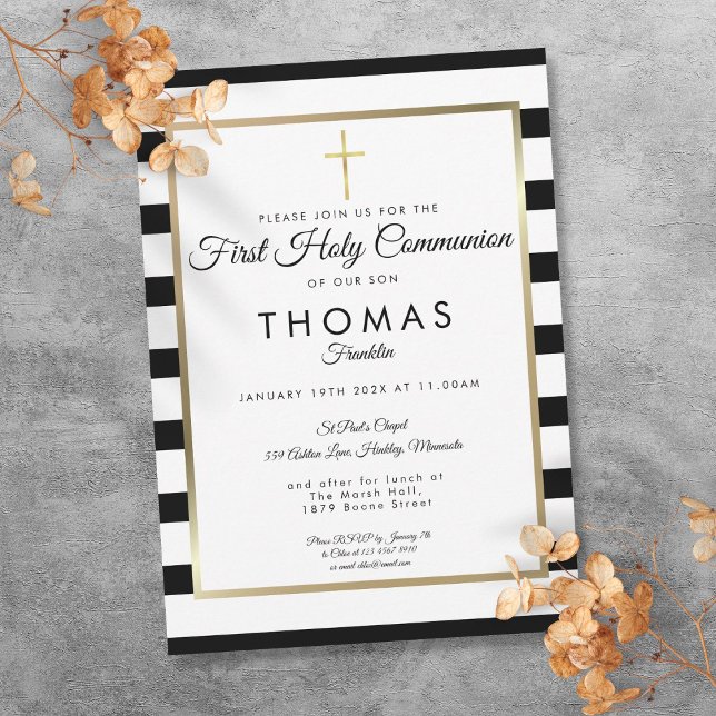 Convite Chic Simple Dourado Cross First Santa Comunhão (Chic Simple Gold Cross First Holy Communion Invitation)