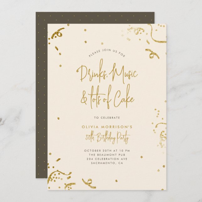Convite Chic Simple Dourado Glitter Confetti aniversário d (Frente/Verso)