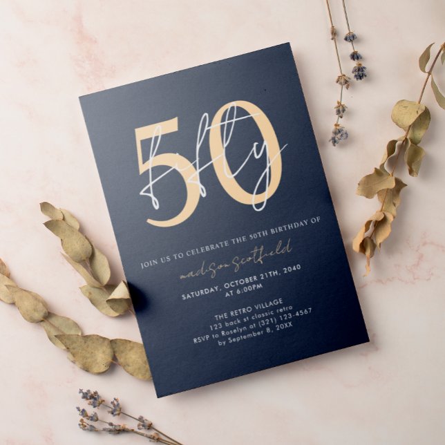 Convite Chic Simple Minimalist Blue 50th Birthday (Criador carregado)