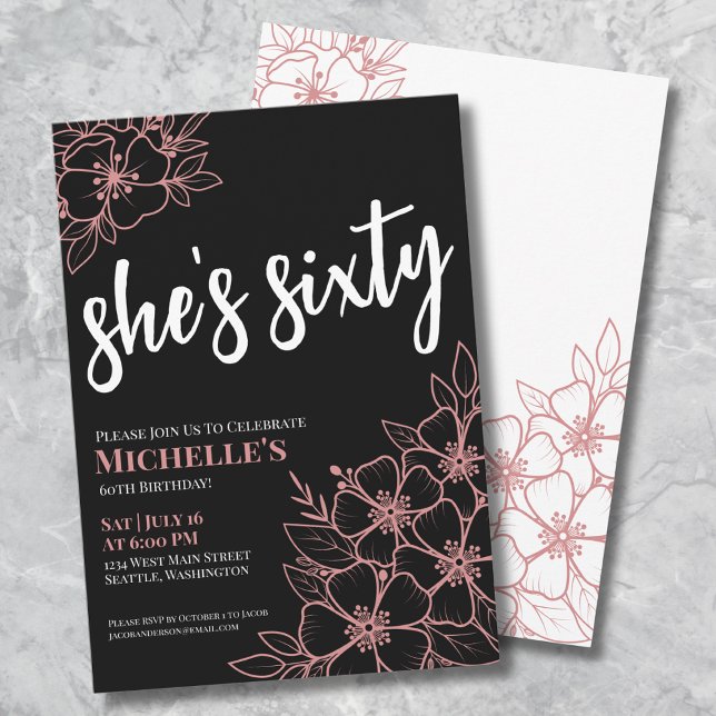 Convite Chic Sixty Black Rose Gold Festa de 60 Anos (Chic Sixty Black Rose Gold 60th Birthday Party Invitation)