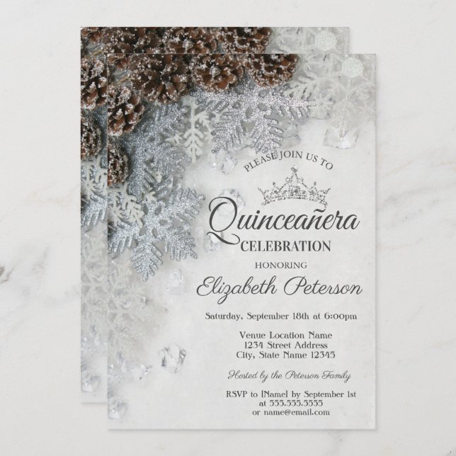 Convite Chic Snowflakes Pine Cones Quinceañera  (Frente/Verso)