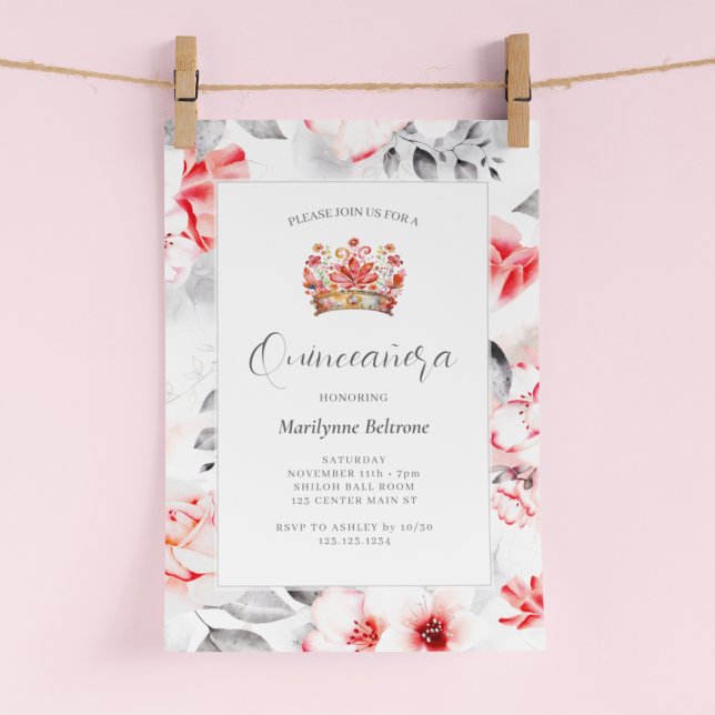 Convite Chic Sofisticado Quinceañera Floral Vermelho (Criador carregado)