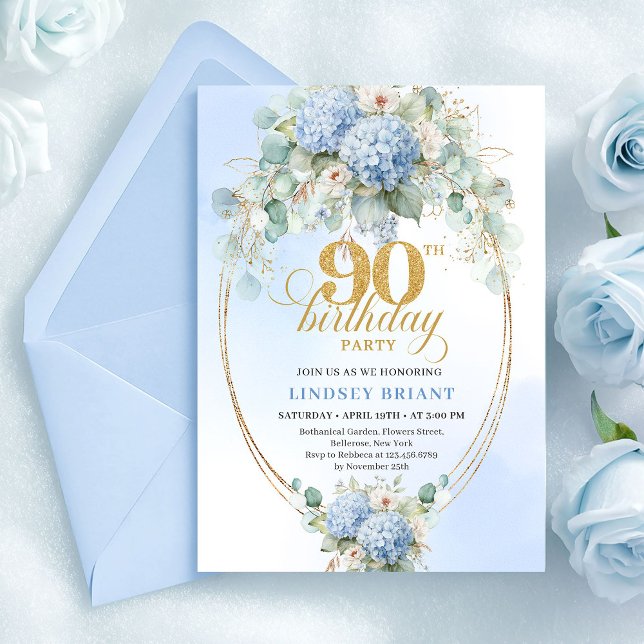 Convite Chic Soft Blue Floral Eucalyptus 90th Birthday (Chic Soft Blue Floral Eucalyptus 90th Birthday)