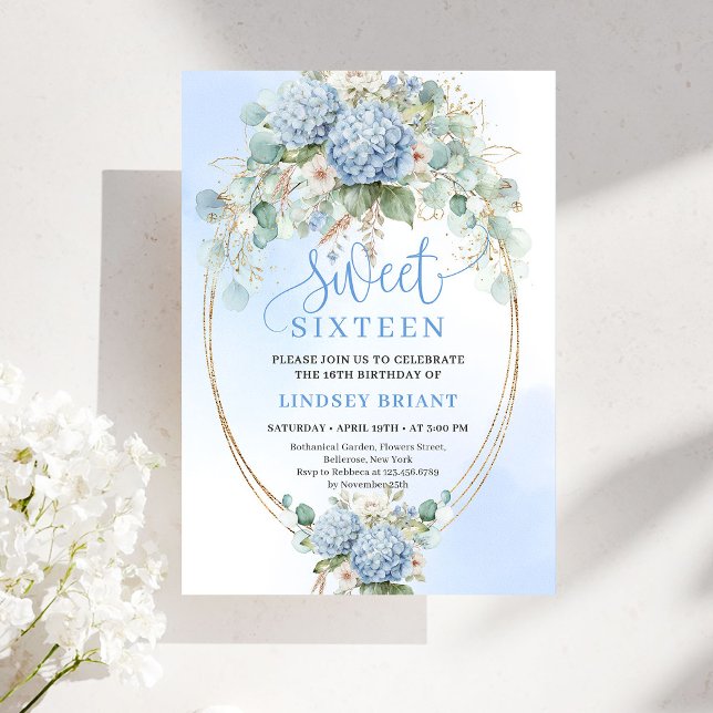 Convite Chic Soft Blue Floral Gold Sweet 16 Birthday Party (Soft Blue Floral Gold Sweet 16 Birthday Party Invite)