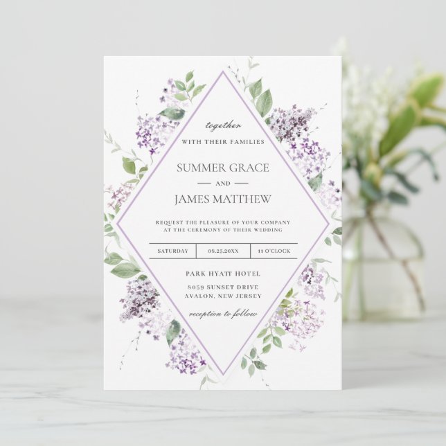Convite Chic Soft Lilac Purple Floral Greenery Casamento I (Em pé/Frente)
