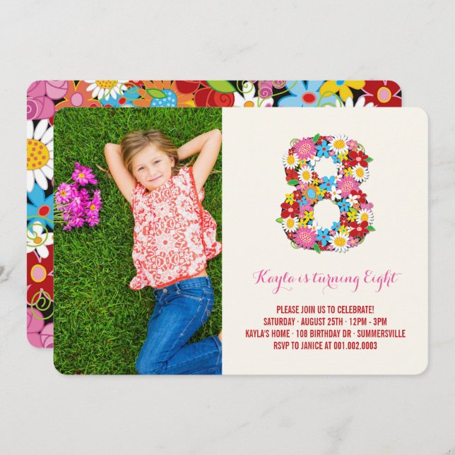 Convite Chic Spring Flowers Girl 8th Birthday Foto Invite (Frente/Verso)