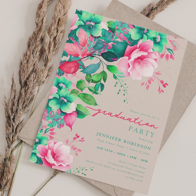 Convite Chic Summer Garden Floral Graduação Champanhe (Chic Summer Garden Floral Graduation Champagne Invitation)