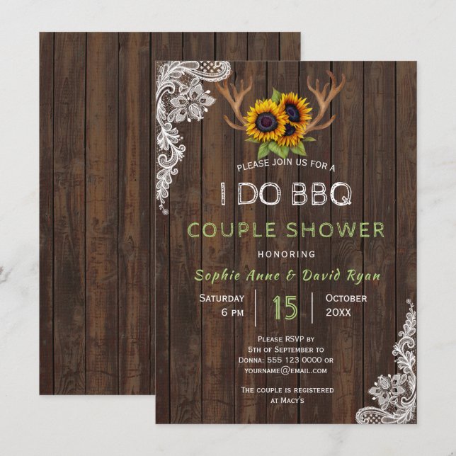Convite Chic Sunflower Antlers I DO CHURRASCO Chá (Frente/Verso)