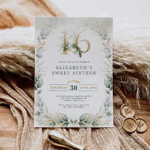 Convite Chic Sweet 16 Botanical Greenery Dourado Aniversá