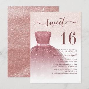 Convite Chic Sweet 16 Glitter Dourado de Rosa, Aniversári