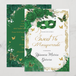 Convite Chic Sweet 16 Mascarada Emerald Green Floral Doura