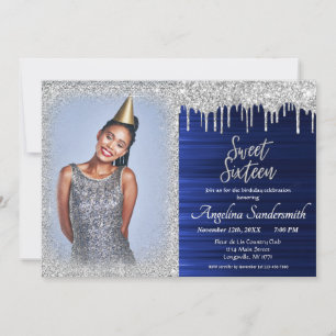 Convite Chic Sweet 16 Silver Blue Glitter Sparkles