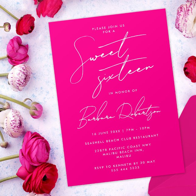 Convite Chic Sweet, Sessenta e dezesseis, Manuscrito Mínim (Hot pink invitation with title "sweet sixteen" in modern script)
