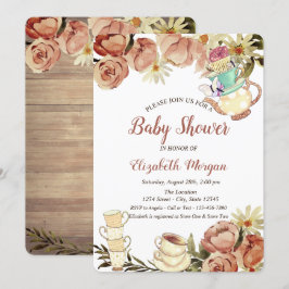 Convite Chic Tea Cup Flores Chá de fraldas de madeira
