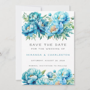 Convite Chic Teal Blue Peony Flor Salvar Data
