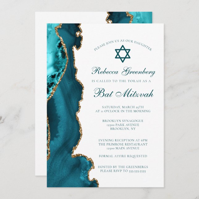 Convite Chic Teal Dourado Agate Bat Mitzvah (Frente/Verso)