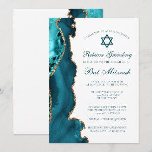 Convite Chic Teal Dourado Agate Bat Mitzvah