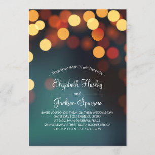 Convite Chic Teal Dourado Bokeh Glitter String Luzes Casam
