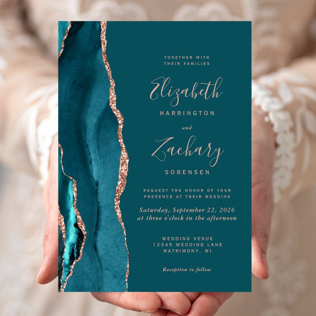 Convite Chic Teal Rose Gold Ágata Casamento (Criador carregado)