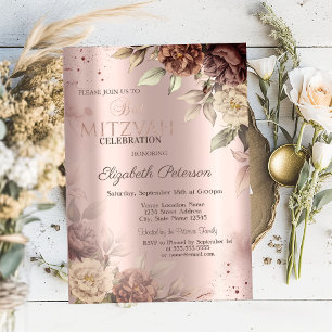 Convite Chic Terracotta Rosas Bat Mitzvah Dourado Rosa